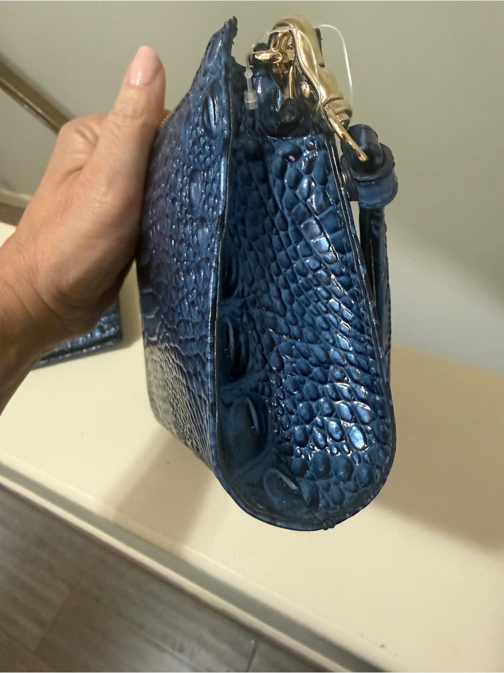 Brahmin Finley Deep Navy Croc-Embossed Tote with Matching Daisy pouch and wallet - Picture 12 of 15